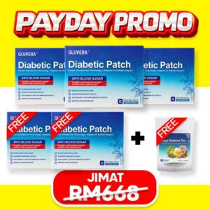 PAKEJ SEMBUH ( 3 KOTAK GLUVERA DIABETIC PATCH + FREE 1 KOTAK + FREE 1 KOTAK + 1 GLUVERA TEA )
